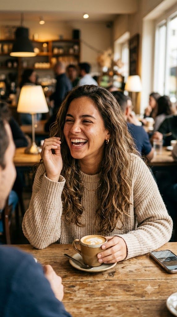 Chica riéndose en una cita de café