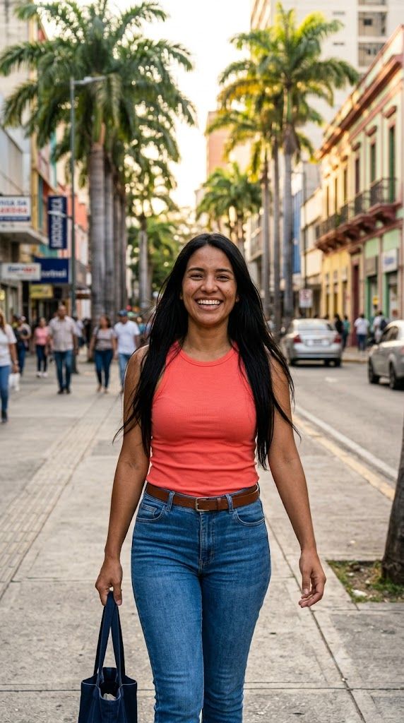 Chica caminando por el centro de la ciudad