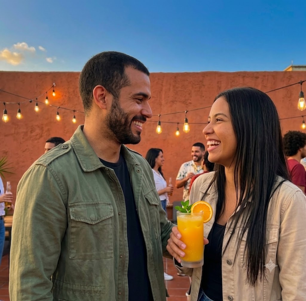 Pareja riéndose en una salida en un rooftop de Caracas